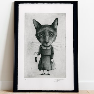 Art mural | Gravure originale | Illustration animal | Estampe surréaliste | Chat