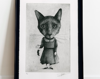 Wandbild | Originalgravur | Tierillustration | Surrealistischer Druck | Katze