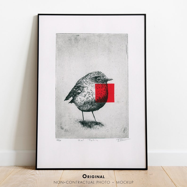 Original Etching / Limited edition fine art print / Intaglio / Bird red robin No