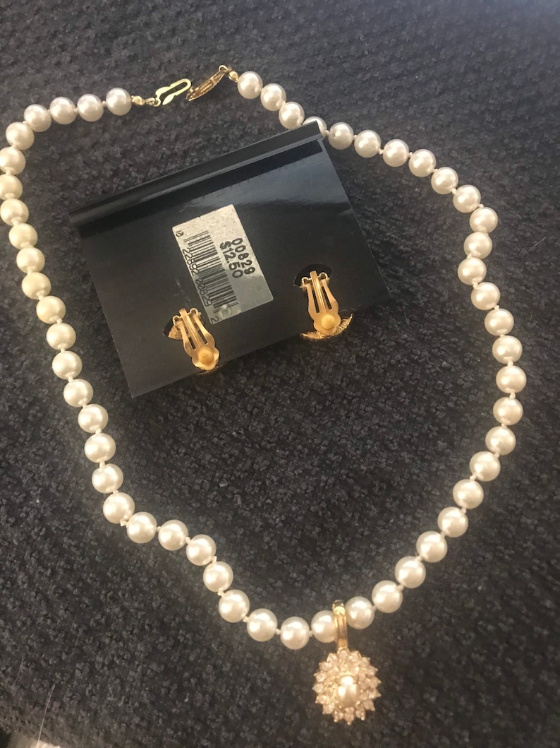 Vintage Faux Pearldiamond Necklace and Earings