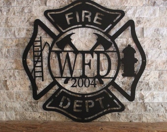 Custom Firefighter Metal Sign with Axes, Maltese Cross Sign, Personalized firefighter gifts, fireman sign, fire department sign , monogram ,