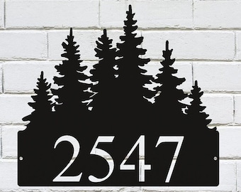 Pine tree address sign , House numbers ,  Metal Sign, Pine Trees , Personalized Steel Sign , Wall Art , Tree line