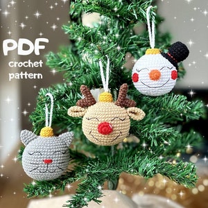 Weihnachtsbaumschmuck PDF HÄKELANLEITUNG Weihnachtsbaumspielzeug: Schneemann, Rentier, Kitty, Christbaumkugeln, Amigurumi Ornamente, Dekoration