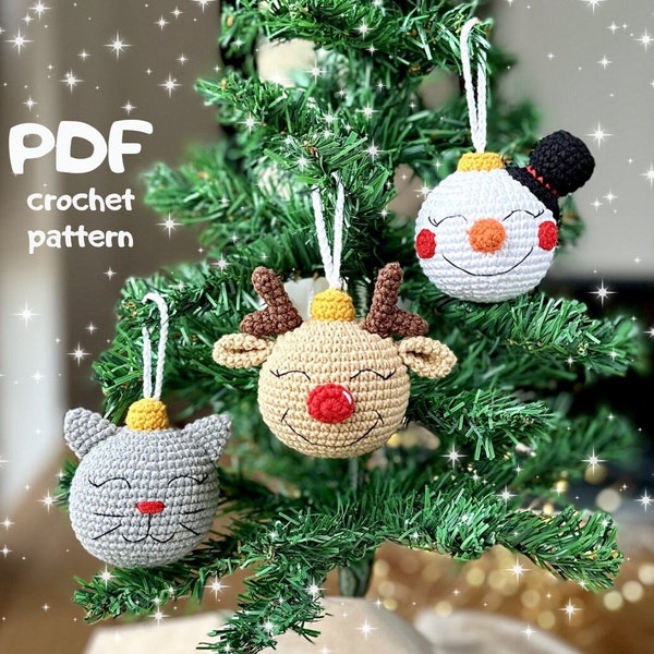 Christmas tree decorations PDF CROCHET PATTERN Christmas treetoy: Reindeer,Kitty,Snowman,  Christmas Baubles Set, Amigurumi Ornaments, Decor