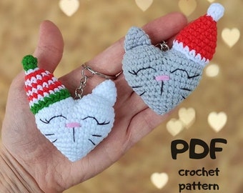 Crochet Christmas Cat Heart Keychain Pattern, Amigurumi PDF Toy (Digital Download)