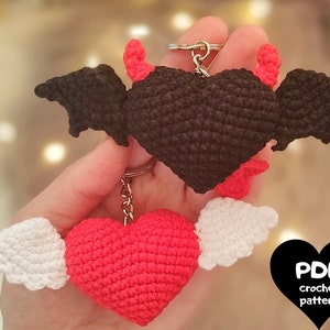 Red Heart With Wings And Black Devil Heart Crochet heart keychain pattern valentines gift amigurumi keychain pattern Easy crochet pattern