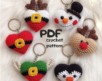 Crochet Christmas Elf ,Deer,Santa,Penguin,Snowman keychain,Christmas treetoy,Crochet heart pattern,Crochet heart keychain amigurumi pattern
