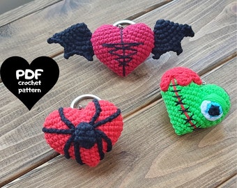 Crochet Scary heart pattern,heart spider pattern, Heart Bat keychain pattern,Crochet heart pattern,Crochet heart keychain amigurumi pattern