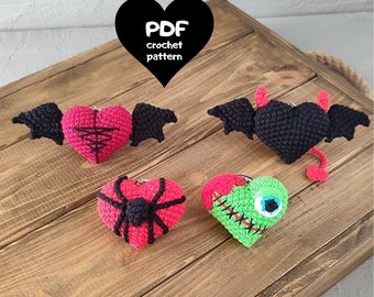 Crochet Scary,Devil heart keychain,Heart Spider keychain,Bat keychain pattern,Crochet heart pattern,Crochet heart keychain amigurumi pattern
