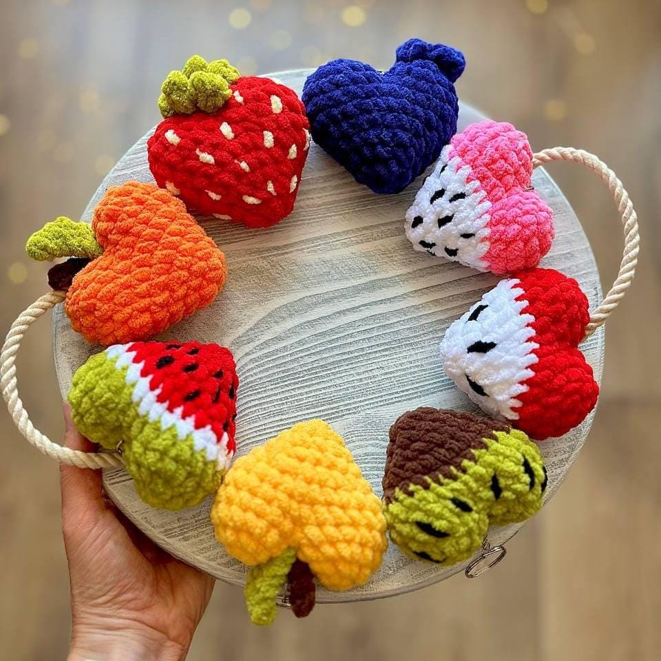 8 in 1 Plush Fruit Heart Keychain Crochet Pattern Amigurumi