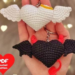 Keychains Devil&Angel With Wings Crochet heart keychain pattern valentines gift amigurumi keychain pattern Easy crochet pattern