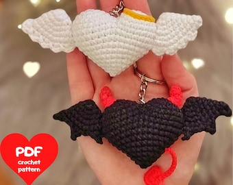 Keychains Devil&Angel With Wings Crochet heart keychain pattern valentines gift amigurumi keychain pattern Easy crochet pattern