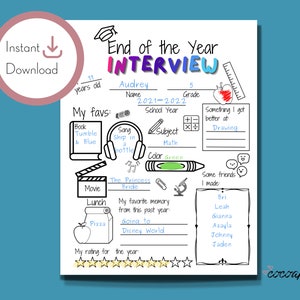 End of Year Kids Interview Printable, End of School Year Questions, Year in Review Student Sheet, Last Day of School Fill In