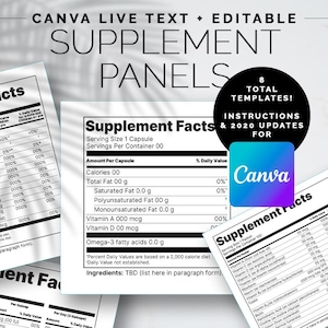 May include: A digital template for a supplement facts label. The label is white with black text and includes a serving size, servings per container, amount per capsule, and percent daily value. The label also includes a list of ingredients and a disclaimer about the daily value. The template is designed to be used with Canva.