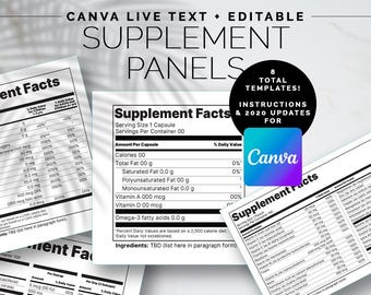 Paquete de plantillas de información sobre suplementos / Diseños de etiquetas con plantillas CANVA editables para envases de vitaminas / Panel de información dietética para diseñadores gráficos