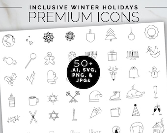 Winter Holidays Line Art Vector Bundle for Graphic Designers | Merry and Bright png | New Years png | Snowflake svg | Thanksgiving Icons