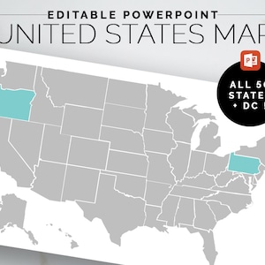 Modelo de PowerPoint de mapa dos Estados Unidos | Modelo editável | Mapa de slides personalizável dos Estados Unidos | Decoração de sala de aula dos EUA | Baralho dos 50 Estados