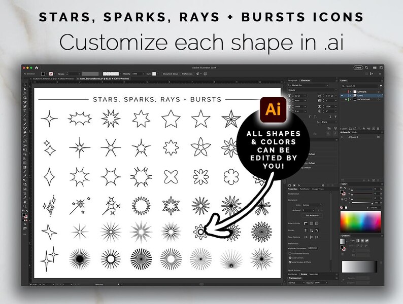 Customiz Stars Radiant Line Art Vector Bundle – Stars, Sparks, Rays & Bursts – Custom ...