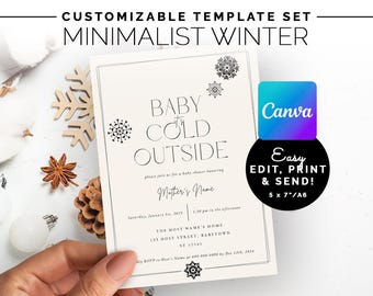 Minimalist Winter Baby Shower Invite | Editable Canva Template | Neutral Modern Snowflake Invitation Set with Books for Baby & Diaper Raffle