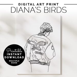 Peut inclure: Impression d'art numérique en noir et blanc d'une personne portant une veste bomber avec un motif d'aigle et le mot "Eagles" au dos. L'impression est intitulée "Diana's Birds".