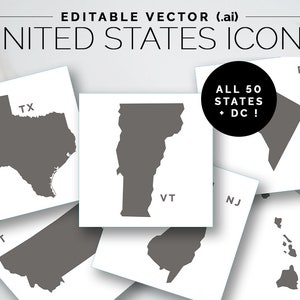 Minimalistische kaart Adobe-sjabloon Verenigde Staten | Nauwkeurige vormen van 50 staten, SVG en PNG's | Bewerkbare sjabloon | Afdrukbare vector | Klaslokaaldecoratie