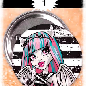 May include: A circular badge with a cartoon character with pink and teal hair, pink lips, and large pink eyes. The character has bat wings and is set against a black and white striped background. The number "1" is in a white starburst.