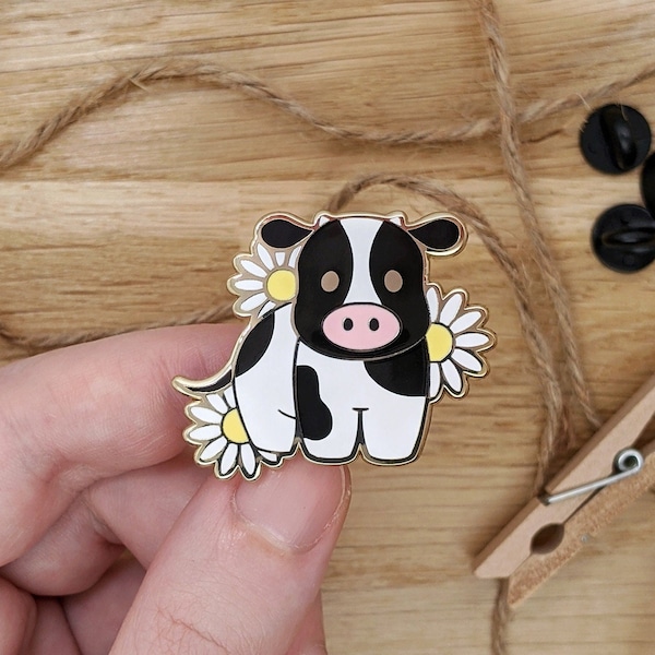 Black and White Cow & Daisies - Hard Enamel Pin