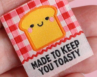 Red Gingham Woven Sewing Labels – Pack of 5 “Made to Keep You Toasty” Tags, Fun Fabric Labels for Handmade Clothes & Quilting