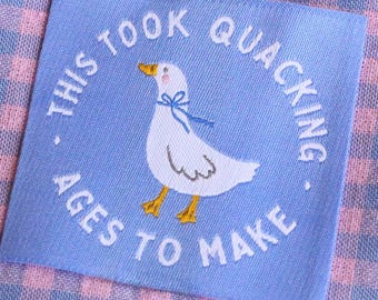 Woven Sewing Labels – Pack of 5 Whimsical Goose Labels “This Took Quacking Ages To Make" Fun Clothing Labels for Handmade Projects, Knitting
