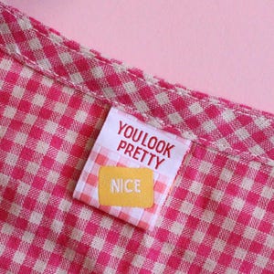 Sewing labels for handmade | Pack of 6 pink gingham woven sewing labels - "Lovingly Handmade" "You Look Pretty (Nice)" | Cute clothing tag