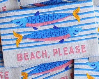 Sardine Woven Sewing Labels for Handmade – Pack of 5 Summer Tags for Handmade "Beach Please" Fun Labels for Sewing, Crochet, Quilt Tags