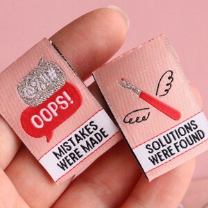 Seam Ripper Sewing Labels "Mistakes Were Made / Solutions Were Found" Funny Tags (Pack of 6) Super Soft Woven Labels for Handmade Projects
