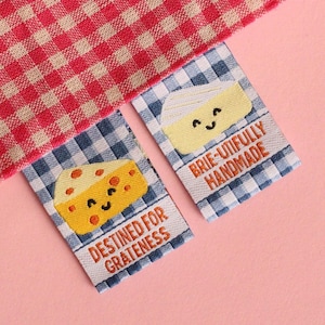 Woven labels for handmade | Pack of 6 blue gingham CHEESE woven fabric labels  "Brie-utifully Handmade" "Destined for Grateness" | Quilting