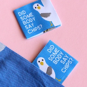 Etiquetas de Costura Engraçadas - Pacote com 6 Etiquetas Seagull "Alguém Disse Batatas Fritas?", Etiquetas de Tecido para Roupas Feitas à Mão e Quilting