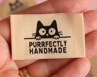 Purrfectly Handmade Cat Sewing Woven Labels for Handmade Projects, Pack of 5 Tags for Sewing, Crochet, Knitting, Quilting
