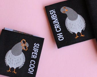 Funny Woven Sewing Labels – Pack of 6 Pigeon Sewing Tags, Fabric Labels for Handmade Clothes Quilting "Oh Crumbs" "Super Coo"