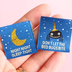 Pyjamas-sömnadsetiketter – 6-pack dubbelsidiga roliga etiketter, supermjuka etiketter för handgjorda projekt "Natt natt" "Låt inte vägglössen bita"