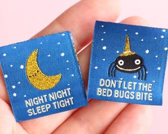 Pyjama Sewing Labels – Pack of 6 Double-Sided Fun Tags, Super Soft Labels for Handmade Projects "Night Night" "Don't Let the Bed Bugs Bite"