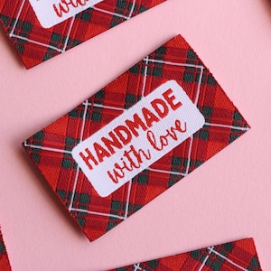 LAST PACK LEFT! Red Tartan Woven Sewing Labels – Pack of 5 “Handmade with Love” Fabric Tags, Super Soft Clothing Labels for Quilting