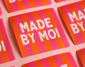 Woven Sewing Labels – Pink Orange Pack of 5 Labels “Made By Moi” Tags, Fun Clothing Labels for Handmade Projects, Knitting