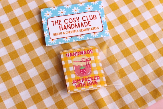 Woven Sewing Labels – Strawberry Jam Pack of 5 Labels “Handmade Jam Packed With Love” Yellow Gingham Tags, Fun Clothing Labels for Handmade