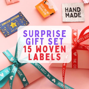 SURPRISE Gift Set | 15 Mixed Woven Labels Gift Box, Secret Santa, Mystery Gift Box Sewing Label, Knitting Label, Stocking Filler