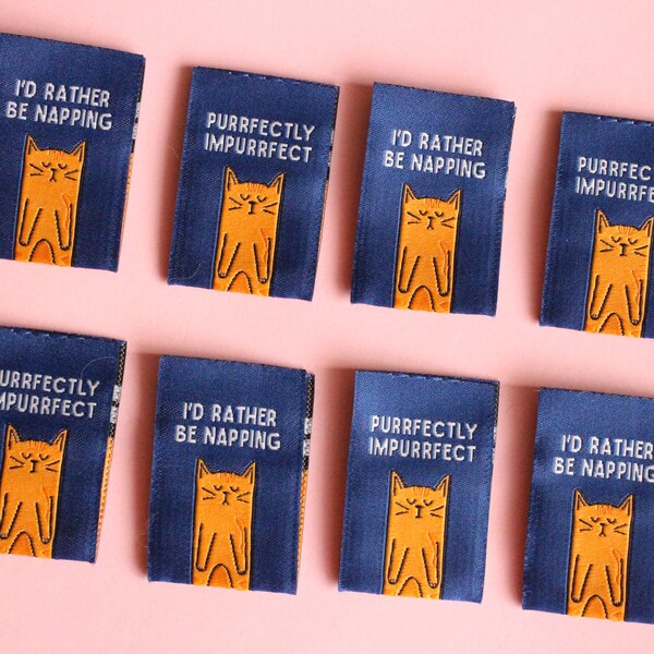 Sewing labels for handmade | Pack of 6 blue CAT woven fabric labels  "I'd Rather Be Napping" "Purrfectly Impurrfect" Clothing Tags Labels