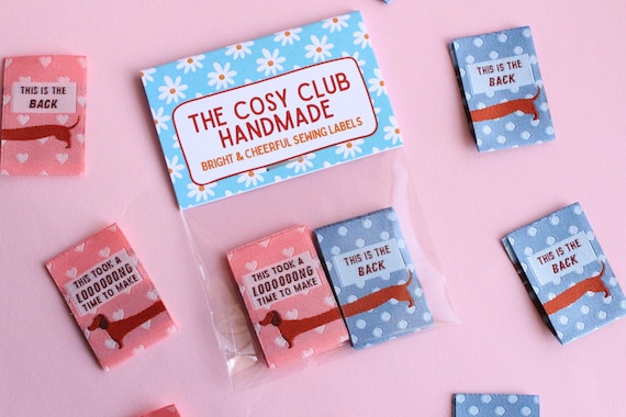 Woven Sewing Labels for Handmade Clothes – Pack of 6 Pink and Blue Sausage Dog Tags, “This Took A Long Time To Make” & “This Is the Back”