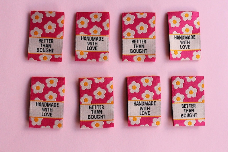 Pink Floral Woven Sewing Labels – Pack of 6 “Better Than Bought” & “Handmade with Love” Tags, Soft Fabric Labels for Handmade Sewing Project image 2