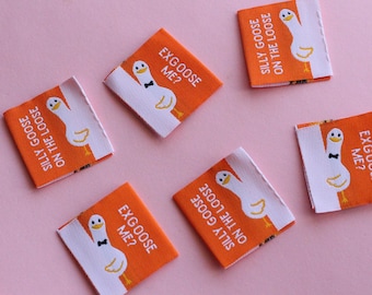 Funny Woven Sewing Labels – Pack of 6 Silly Goose “EXGOOSE ME?” "Silly Goose on the Loose" Tags, Fabric Labels for Handmade Clothes Quilting
