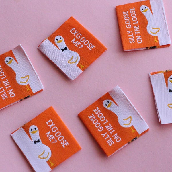 Funny Woven Sewing Labels – Pack of 6 Silly Goose “EXGOOSE ME?” "Silly Goose on the Loose" Tags, Fabric Labels for Handmade Clothes Quilting