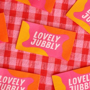 Colorful Woven Sewing Labels – Pack of 5 “Lovely Jubbly” Tags, Fun Clothing Labels for Handmade Clothes, Quilting & Sewing Projects