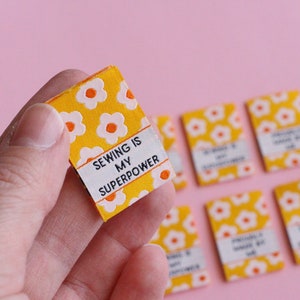 Floral Woven Sewing Labels – Pack of 6 Yellow “Sewing Is My Superpower” Tag, Fun Fabric Clothing Labels for Handmade Gifts & Sewing Projects
