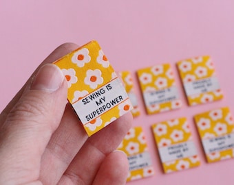 Floral Woven Sewing Labels – Pack of 6 Yellow “Sewing Is My Superpower” Tag, Fun Fabric Clothing Labels for Handmade Gifts & Sewing Projects